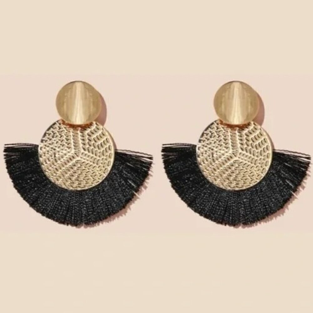 Gold & Black Fringe Round Hoop Earrings